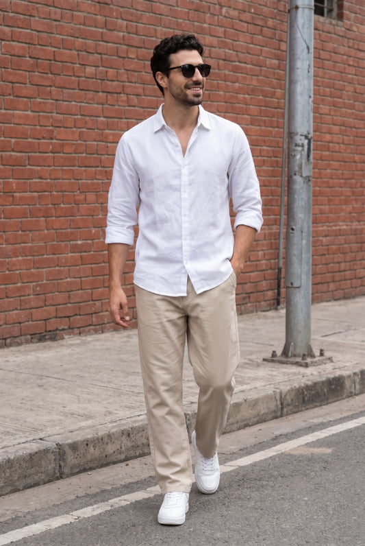 Natural White Cotton-Linen Shirt for Men