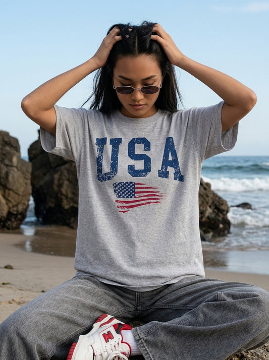 Grey Melange Printed Cotton Oversized T-Shirt for Women
