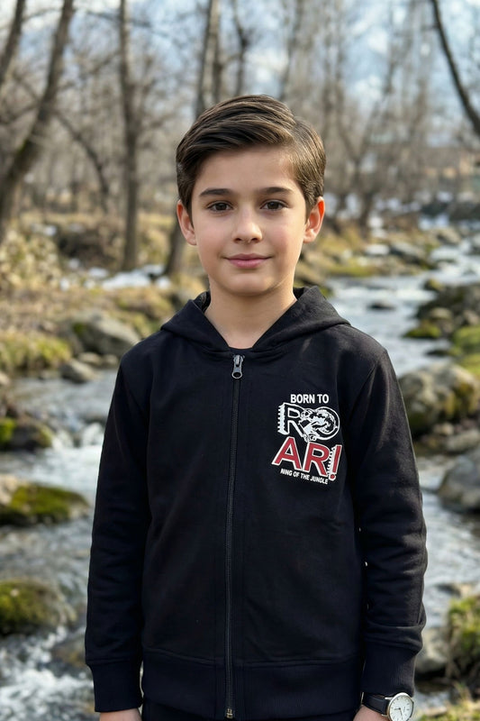 Black Printed Zipper Hoodie for Kids