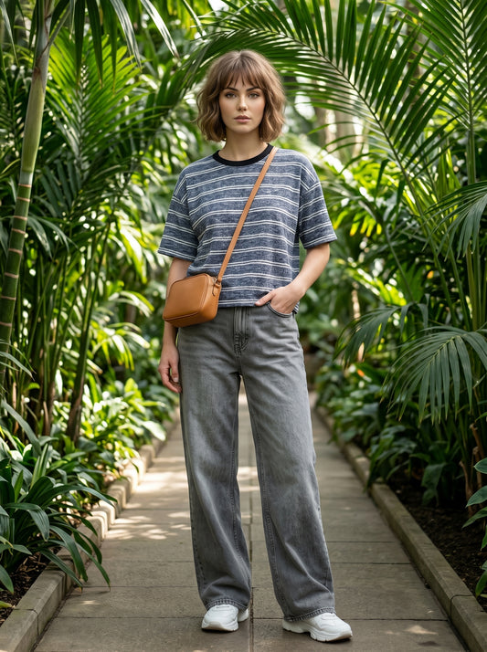 Charcoal & White Striped Crop T-Shirt for Women