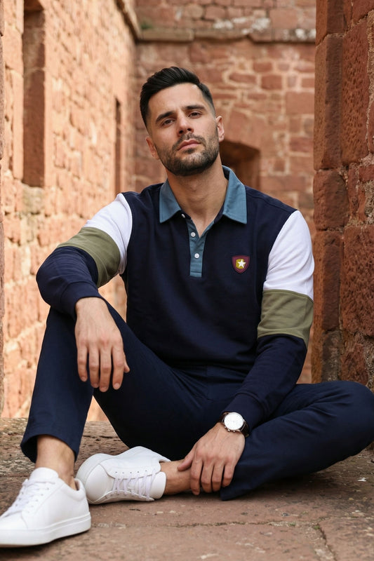 Navy Cut-N-Sew Rugby Polo Sweatshirt for Men