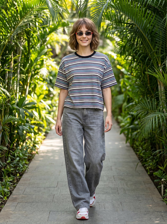 Multi-Colour Striped Crop T-Shirt for Women