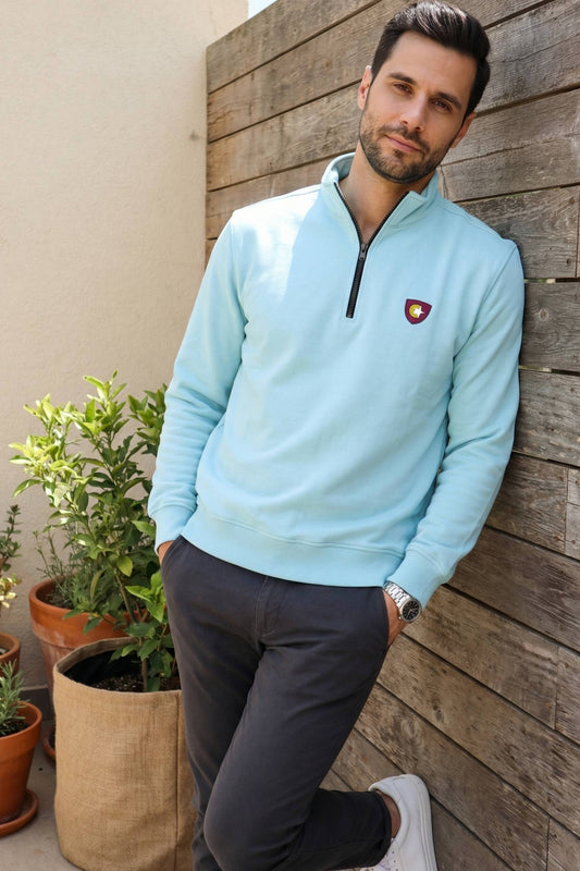 Light Blue Mock Neck Zipper Sweatshirt for Men