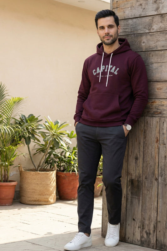 Maroon Printed Hoodie for Men