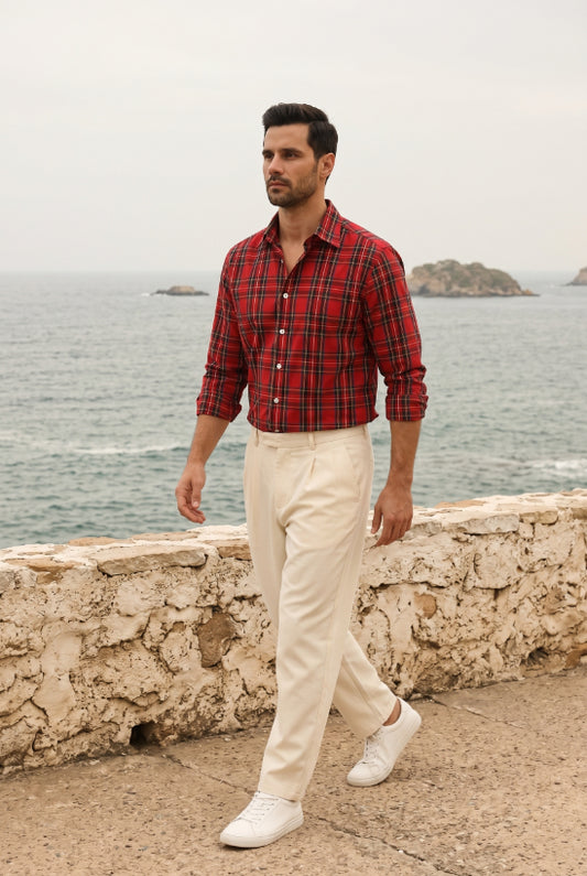 Dark Red Plaid Check Shirt for Men