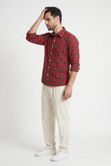 Dark Red Plaid Check Shirt for Men
