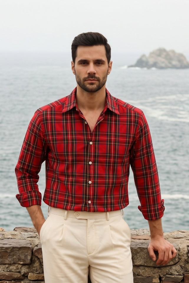 Dark Red Plaid Check Shirt for Men