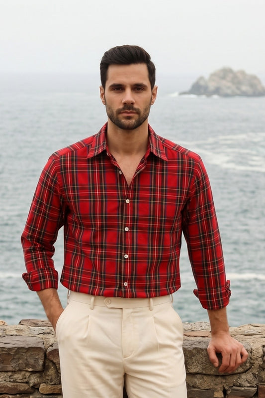 Dark Red Plaid Check Shirt for Men