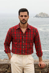 Dark Red Plaid Check Shirt for Men