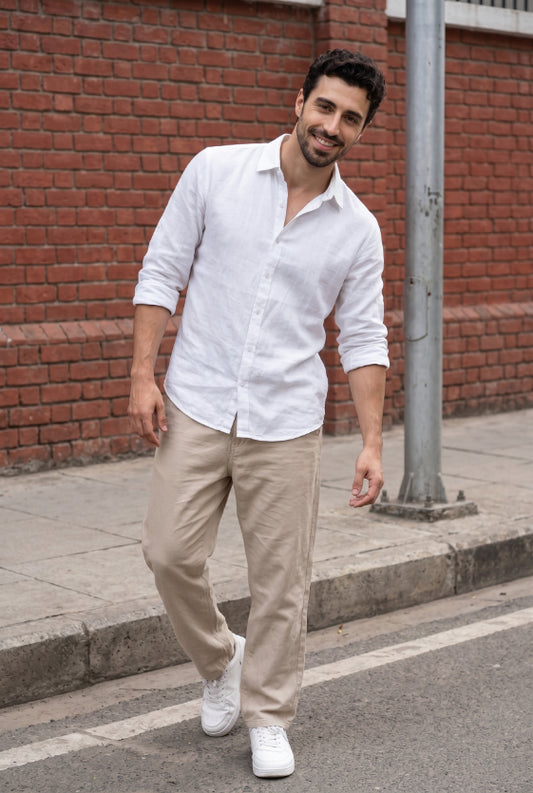 Natural White Cotton-Linen Shirt for Men