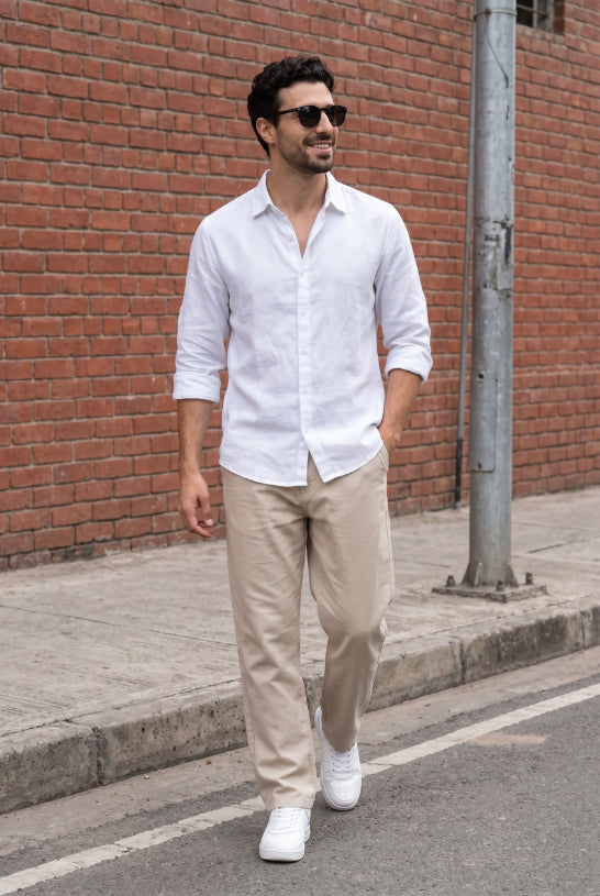 Natural White Cotton-Linen Shirt for Men