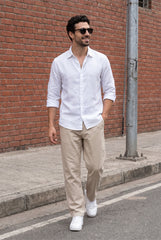 Natural White Cotton-Linen Shirt for Men