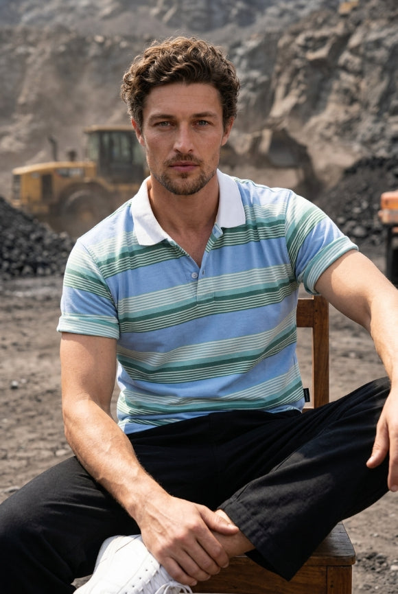 Sky Blue Multi Striped Polo T-shirt for Men