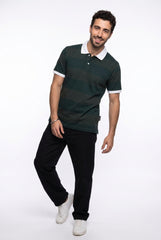 Dark Green Tonal Striped Polo T-shirt for Men