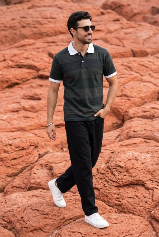 Dark Green Tonal Striped Polo T-shirt for Men