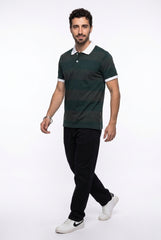 Dark Green Tonal Striped Polo T-shirt for Men