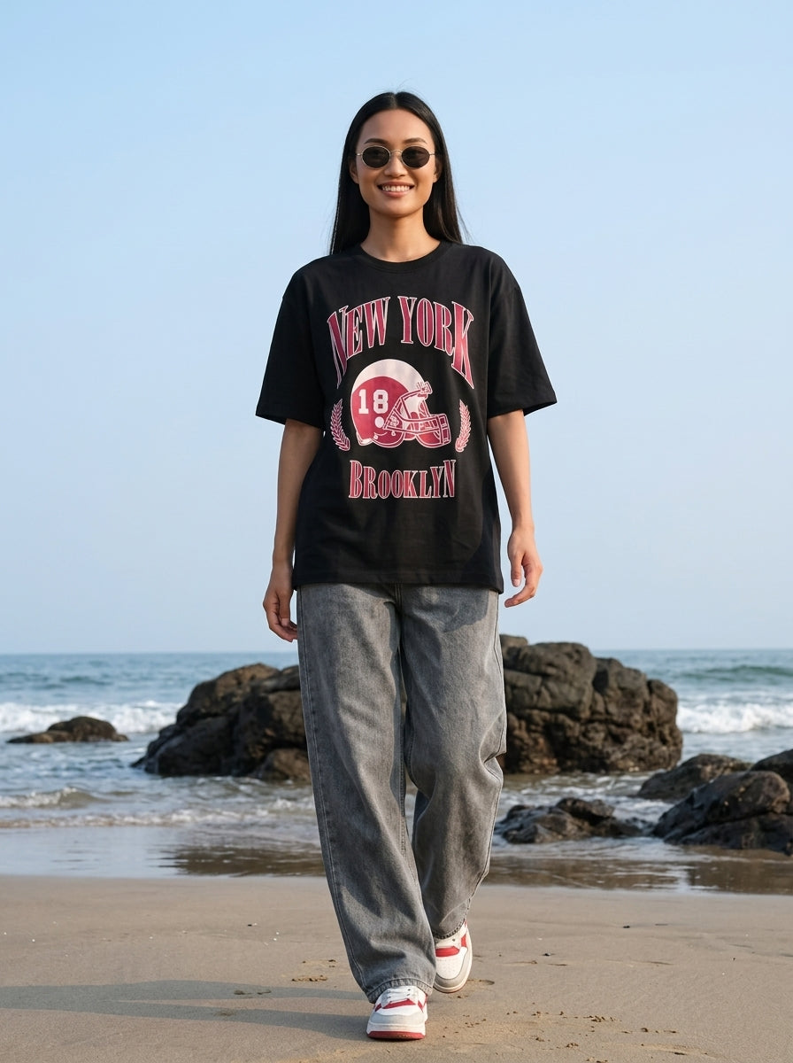 Black Printed Oversized T-Shirt for Women
