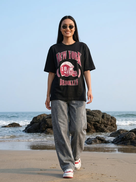 Black Printed Oversized T-Shirt for Women