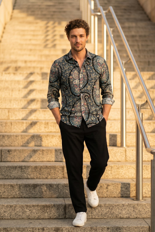 Peacock Green Paisley Printed Shirt for Men