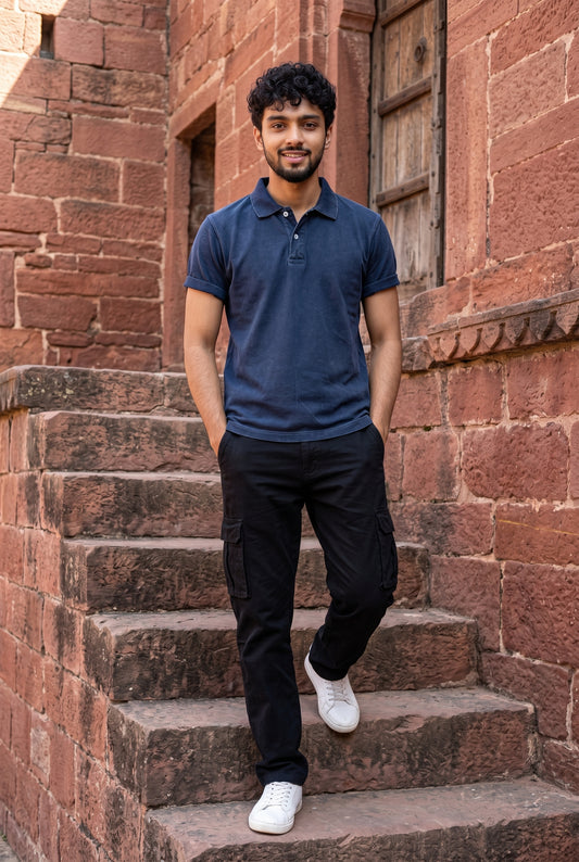 Indigo Navy Acid Washed Polo T-shirt for Men