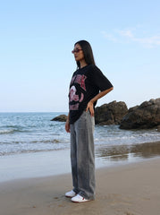 Black Printed Oversized T-Shirt for Women
