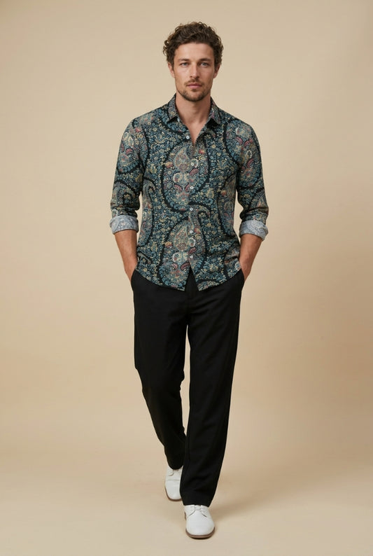 Peacock Green Paisley Printed Shirt for Men