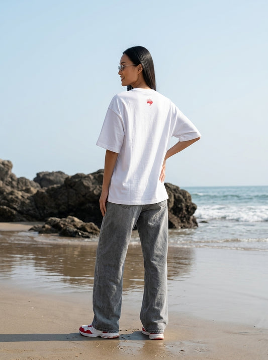 White Printed Oversized T-Shirt for Women