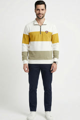 Ecru & Mustard Striped Mock Neck Sweatshirt for Men