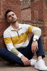 Ecru & Mustard Striped Mock Neck Sweatshirt for Men