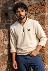 Ecru Mock Neck Zipper Sweatshirt for Men
