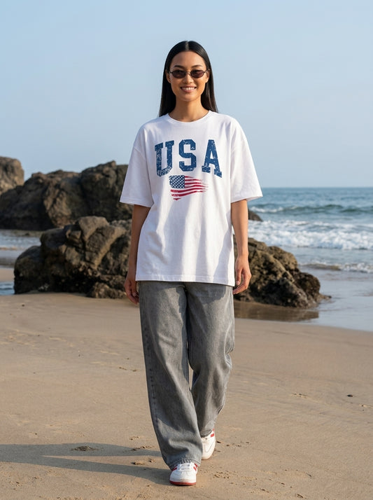 White Printed Oversized T-Shirt for Women
