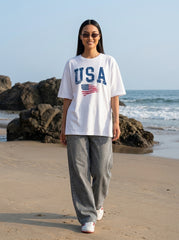 White Printed Oversized T-Shirt for Women