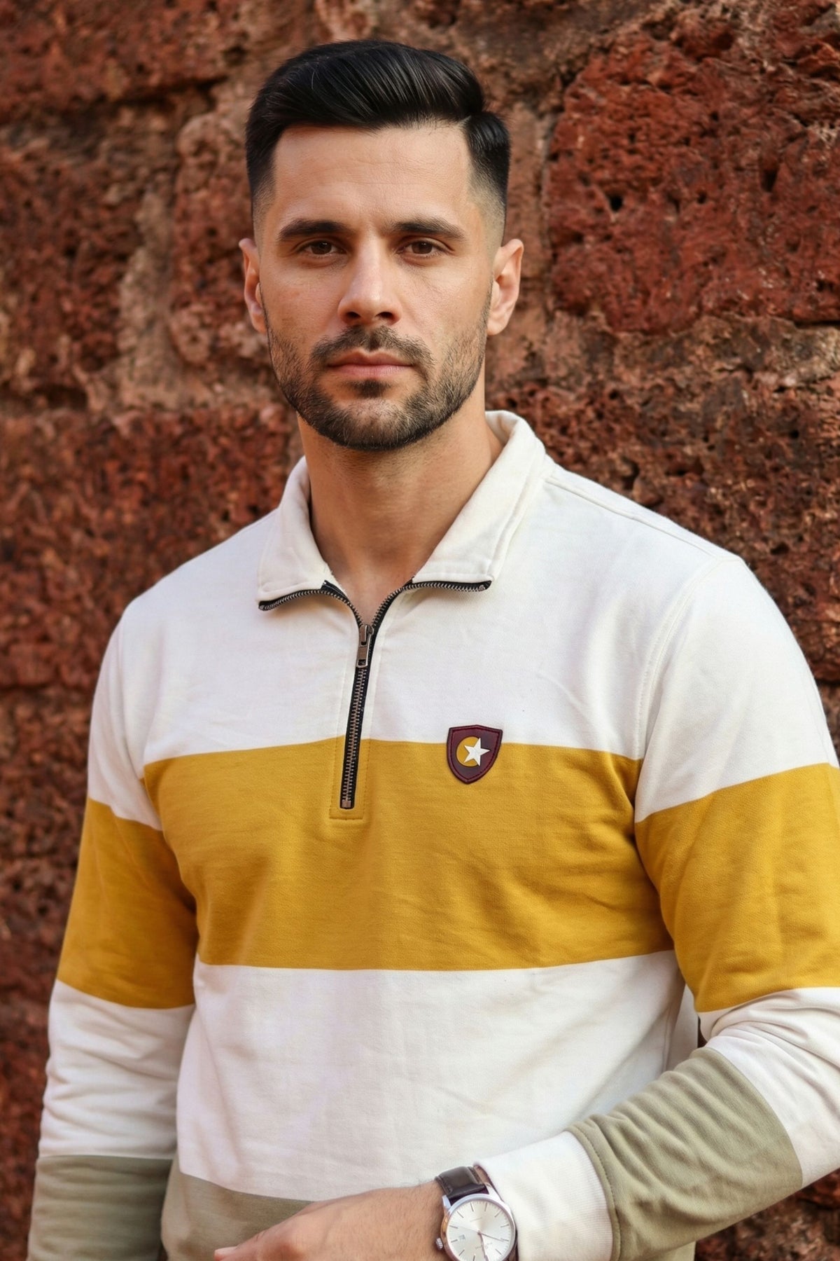 Ecru & Mustard Striped Mock Neck Sweatshirt for Men