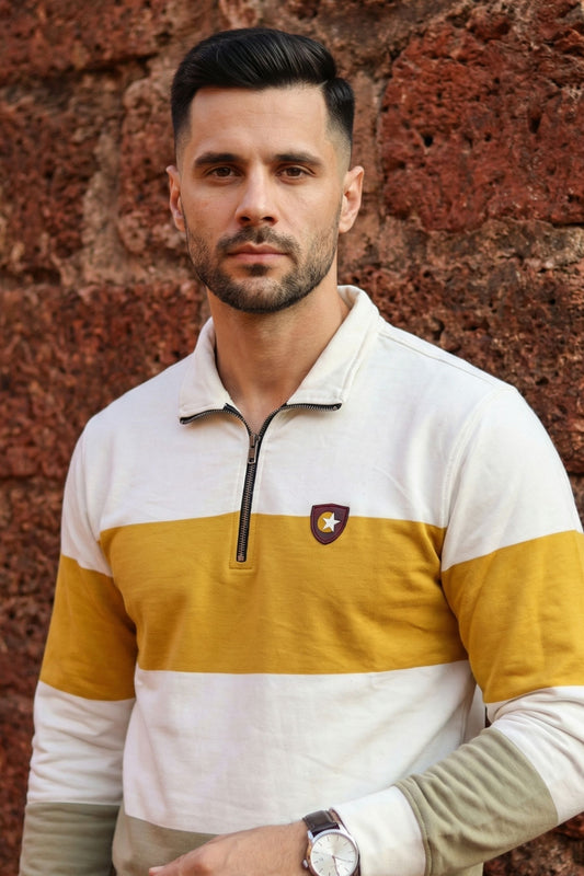 Ecru & Mustard Striped Mock Neck Sweatshirt for Men