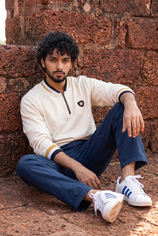 Ecru Mock Neck Zipper Sweatshirt for Men