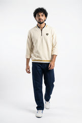 Ecru Mock Neck Zipper Sweatshirt for Men