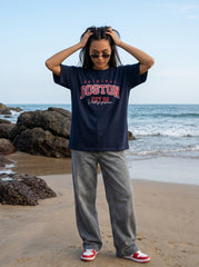 Navy Printed Oversized T-Shirt for Women