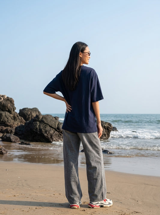 Navy Printed Oversized T-Shirt for Women