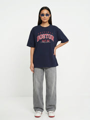 Navy Printed Oversized T-Shirt for Women