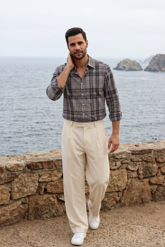 Dark Grey Plaid Check Shirt for Men