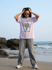 Lilac Printed Cotton Oversized T-Shirt for Women
