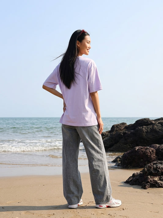Lilac Printed Cotton Oversized T-Shirt for Women