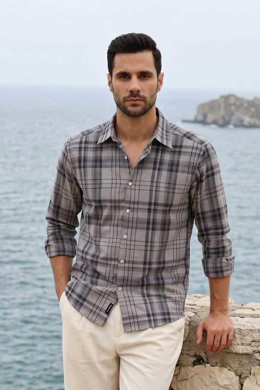 Dark Grey Plaid Check Shirt for Men