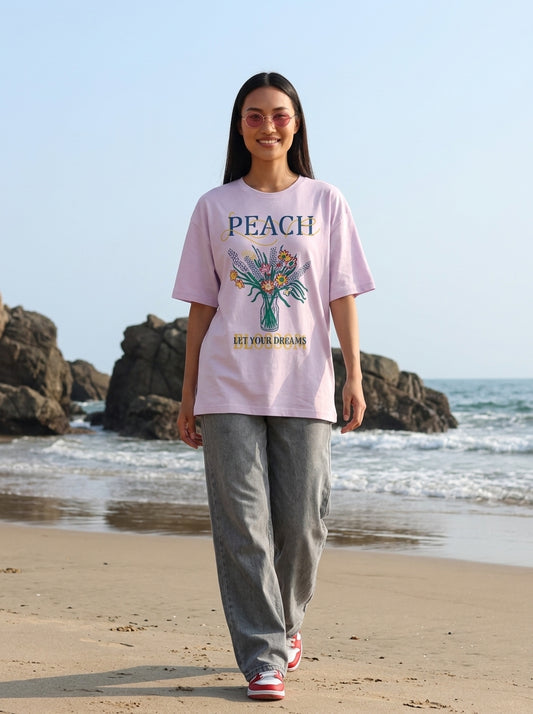 Lilac Printed Cotton Oversized T-Shirt for Women
