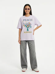 Lilac Printed Cotton Oversized T-Shirt for Women
