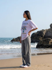Lilac Printed Cotton Oversized T-Shirt for Women