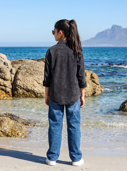 Black Washed Denim Shirt for Kids