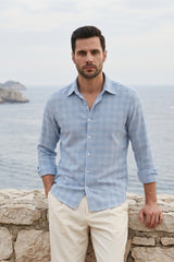 Teal Blue Plaid Check Shirt for Men