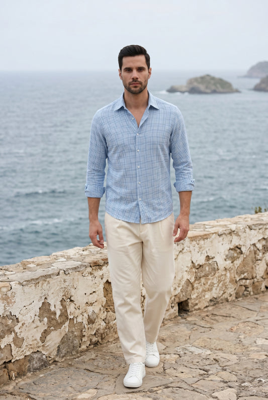 Teal Blue Plaid Check Shirt for Men