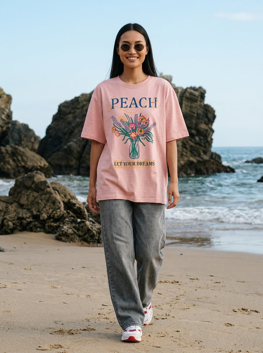 Peach Printed Oversized T-Shirt for Women